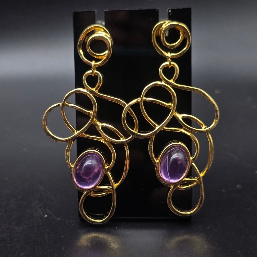 Avon 1992 Golden Web Earrings Purple Gold Tone Twisted Abstract Vintage
